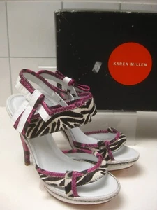 SANDALIAS DE TACÓN DE AGUJA KAREN MILLEN ZAPATOS 5 pelo de pony cebra tacones altos tiras rosa - Imagen 1 de 18
