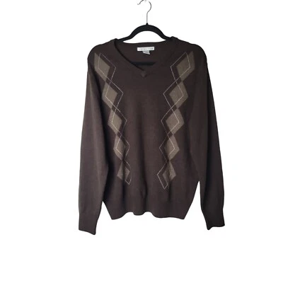 Suéter De Colección Geoffrey Beene Años 90 Para Hombres L Marrón Argyle Cuello en V Acogedor Pull Over Abuelo Foto 1 de 4