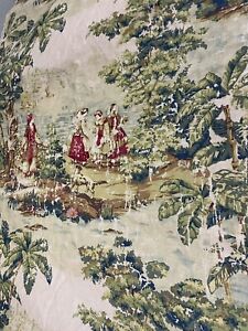 Drapery Upholstery Fabric  Toile - Vtg Linen Palm Tree Colonial Green 10 Yards