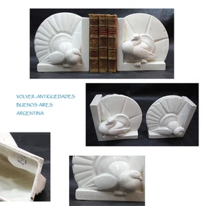 French St Clement Charles Lemanceau Art Deco PAIR doves peacock book ends - Picture 1 of 8