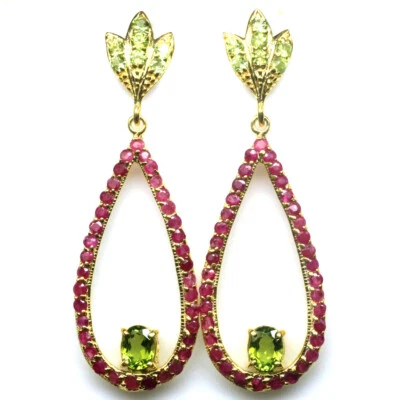 Gemstone Green Peridot & Red Ruby Earrings 925 Silver 18K Gold - Image 1 of 4