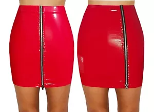 NEW WOMEN MIX LENGTH RED SHINY VINYL WET LOOK FULL ZIP SEXY MINI SKIRT - Picture 1 of 9