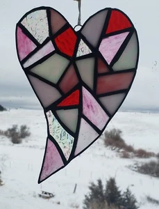 Vidrieras rojas, rosas, blancas, corazón transparente, corazón de San Valentín, hechas a mano - Imagen 1 de 9