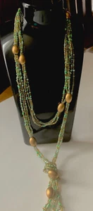 Beautiful Multi Strand Beaded Knotted Necklace Gold And Green Bohemian Boho - Picture 1 of 2