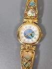 Gold Tone Abalone Shell Heart White Face Round Stretch Band Watch 6.5 inch