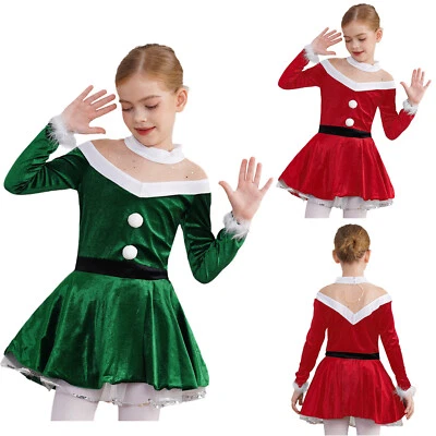 Kids Girls Mrs Santa Claus Christmas Costume Velvet Figure Skating Dance Dress - Image 1 of 4