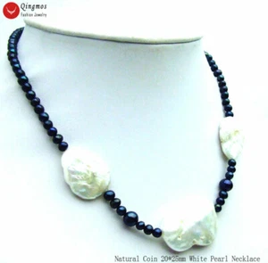 20mm Coin Natural White Pearl Pendant Necklace Black Pearl Necklace 17" Chokers - Picture 1 of 12