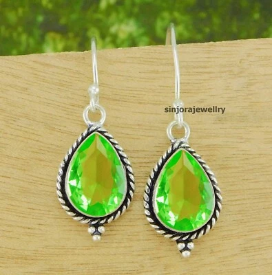 Green Zircon Gemstone 925 sterling silver handmade Dangle/Drop Earrings 1.5" - Image 1 of 4