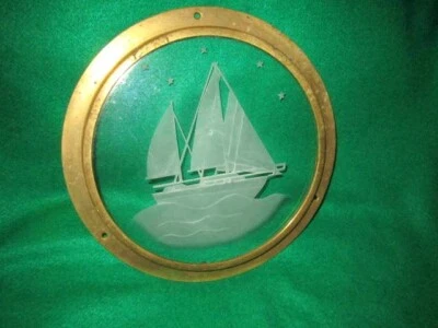 Barco de vidrio grabado vintage latón esmerilado 10" náutico costero OFERTA Foto 1 de 4
