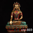 Chinese Antique Collection Pure Copper Inlaid Gem Color Painting Sakyamuni Buddh