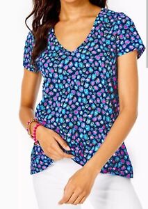 NWT Lilly Pulitzer Etta V-Neck Top Seabreeze Blue Low Tide Navy Spotted Wild XS