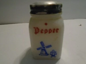 Hazel Atlas Dutch Windmill Pepper Shaker Milk Glass Red White Blue w/Lid Vintage - Picture 1 of 5