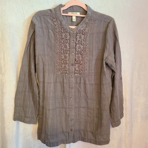 KRAZY KAT Embroidered Button Front Blouse Size XL Gray Long Sleeves Vtg - Picture 1 of 6