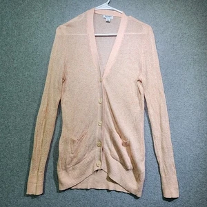 Cárdigan Suéter Antiguo Azul Marino Tejido Abierto Melocotón Botón Frontal Mujer’s Bolsillos Grandes - Imagen 1 de 7