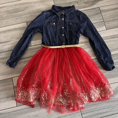 Girl’s Zunie Denim Dress With Red Lace Tulle Tutu Dress Size 14 - Image 1 of 4