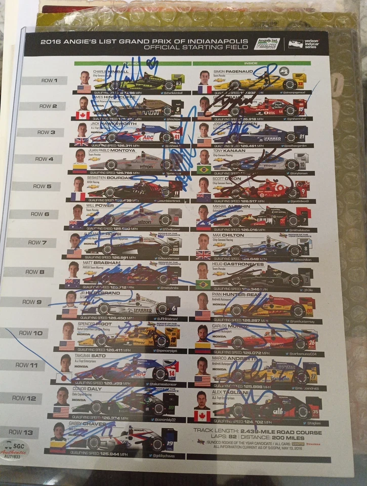 2016 Angie's list grand priz of indianapolis official starting field signed - Image 1 of 1