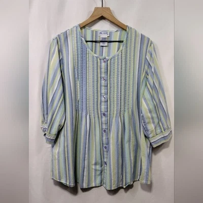 复古 Blair 条纹娃娃纽扣衬衫女式 2XL 蓝色黄色 Cottagecore — 第 1/4 张图片