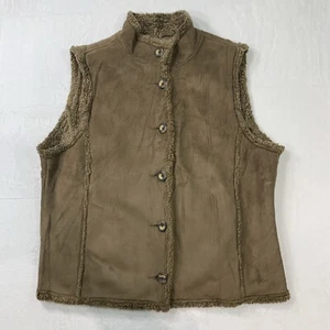 VTG LL Bean Women’s Large Brown Faux Suede Sherpa Lined Button Vest Jacket - Picture 1 of 11