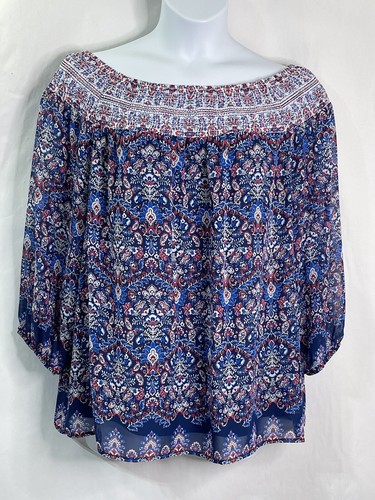 Camicetta donna ALYX taglia 0X blu floreale poliestere elastico spalle manica 3 4