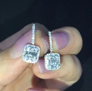 14K White Gold Over 2.50 Ct Emerald Cut Simulated Diamond Drop&Dangle Earrings - Picture 1 of 5