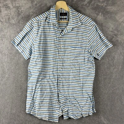 Camisa masculina Rodd & Gunn linho listrada média azul branca manga curta botão para cima - Imagem 1 de 4