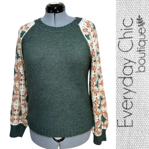 Everyday Chic Crochet Patch Sleeve Sweater Boho Cottagecore Knitwear Sz: M - Picture 1 of 8