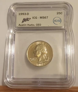 1993 D Washington Quarter IGC MS 67-Low Pop w/ High 67 GRADE AUSTIN HUTTO SIGNED - Picture 1 of 4
