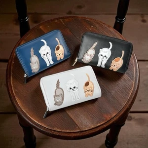 Portamonete 8 carte ecopelle med zip intorno gatto blu nero grigio applique LW110 - Foto 1 di 16