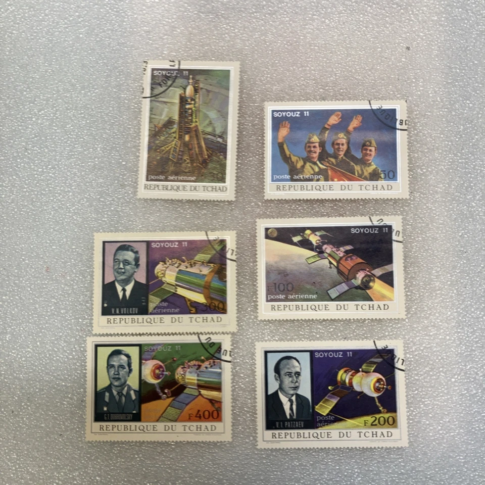 6 estampillas espaciales usadas/canceladas 1972 Chad/Tchad Soyuz 11 (URSS). ¡Buena oferta! MIRAR Foto 1 de 4