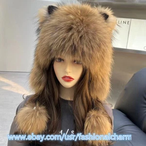 Sombrero de piel de mapache real para mujer sombrero ruso trampero cazador sombrero cálido gorra de esquí oreja - Imagen 1 de 7