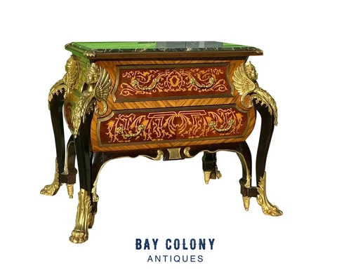 FRENCH LOUIS XIV STYLE WALNUT MARBLE TOP BOMBE COMMODE WITH FIRE GILDED ACCENTS Cover