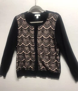 Charter Club Feminine Black Lace Overlay Pink Sweater Button Cardigan Large - Picture 1 of 14