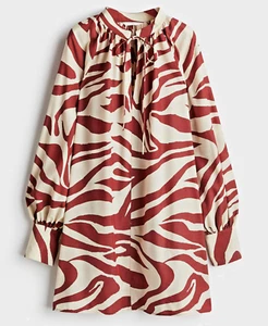 H&M Oversize Kleid mit Bindedetail Langarm Zebra Print romantisch rot creme Gr. L - Bild 1 von 10