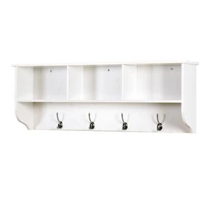 White Entryway Wall Mounted Coat Rack Storage Shelf with 4 Dual Hooks - Picture 1 of 6