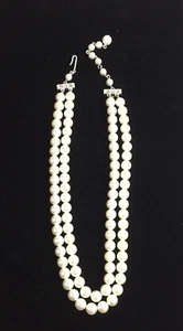 Vintage White Faux Pearl Bead Two Strand Necklace Silver Tone - Picture 1 of 4