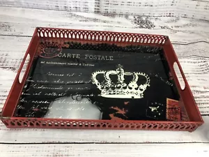 RED PIERCED PUNCHED METAL TRAY GLASS SERVING  CROWN FRENCH - Picture 1 of 8