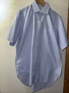 T.M. Camicia Lewin blu a righe taglia 17 finissima due pieghe cotone manica corta - Foto 1 di 18