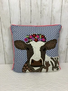 Karma Living Cow Floral Hand Embroidered 18”X 18” Square Throw Pillow NWT - Picture 1 of 7