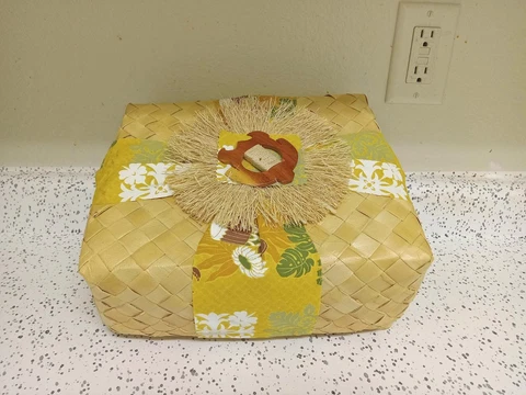 Adorable Birch Bark Hand Woven Basket with Lid Boho Yellow Ribbon Square Basket Cover