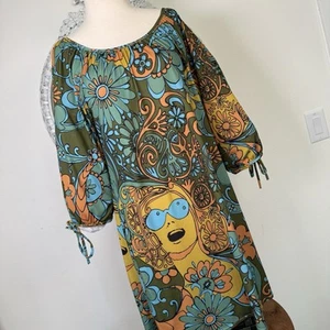 Uncle Frank Anthropologie Dress Boho Retro 70’s Blue Floral Shift Peasant M Knee - Picture 1 of 19