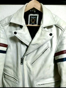 Schott White Double Riders Jacket M w/ Detachable Fur Collar Distressed Stripe - Picture 1 of 11