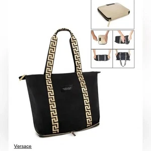 Versace Parfums Folding Tote Travel Bag Womens 7"x7" Zip Logo Beige Black - Imagen 1 de 7