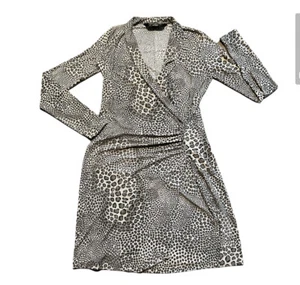 Vestido Jersey Norma Kamali Gris Estampado Leopardo Imitación Envoltura LS Cintura Ajustada Talla M D02 - Imagen 1 de 7