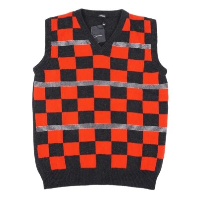 Colete suéter Kiton cinza carvão e vermelho xadrez estampado cashmere M (Eu 50) novo com etiquetas - Imagem 1 de 4