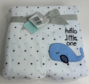 Just Born White Grey Blue Stars Hello Little One Whale Sherpa Baby Blanket READ - Picture 1 of 4