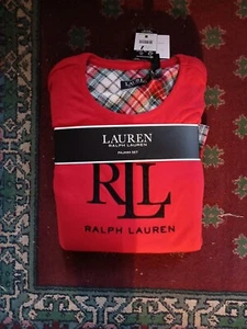 WMS size LG NWT $76 RALPH LAUREN Red Scoop Neck Plaid Fleece Pajama Pant Set - Picture 1 of 4