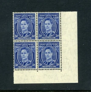AUSTRALIA 1937-49 3d Blue Die 3  P15x14 Corner blk SG186 MVLH CV£180 SALE+6x++++ - Picture 1 of 2