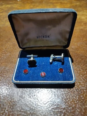 Vintage Hickok Cufflinks & 3 Button Pins Ruby Glass On Silver Tone  - Image 1 of 2