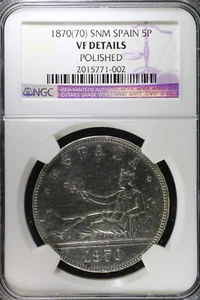 Spain 1870(70) SNM 5 Pesetas Silver Coin:  NGC VF Details - Picture 1 of 2
