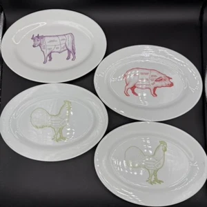 Set of 4 WORLD MARKET 12" Steak Oval Plates Butcher BEEF PORK Chicken Farm BBQ - Picture 1 of 9